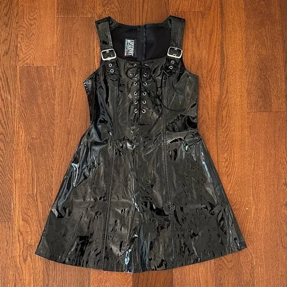 Vintage Lip Service Black Vinyl Pinafore Dress size M Y2K made in USA - Picture 6 of 13